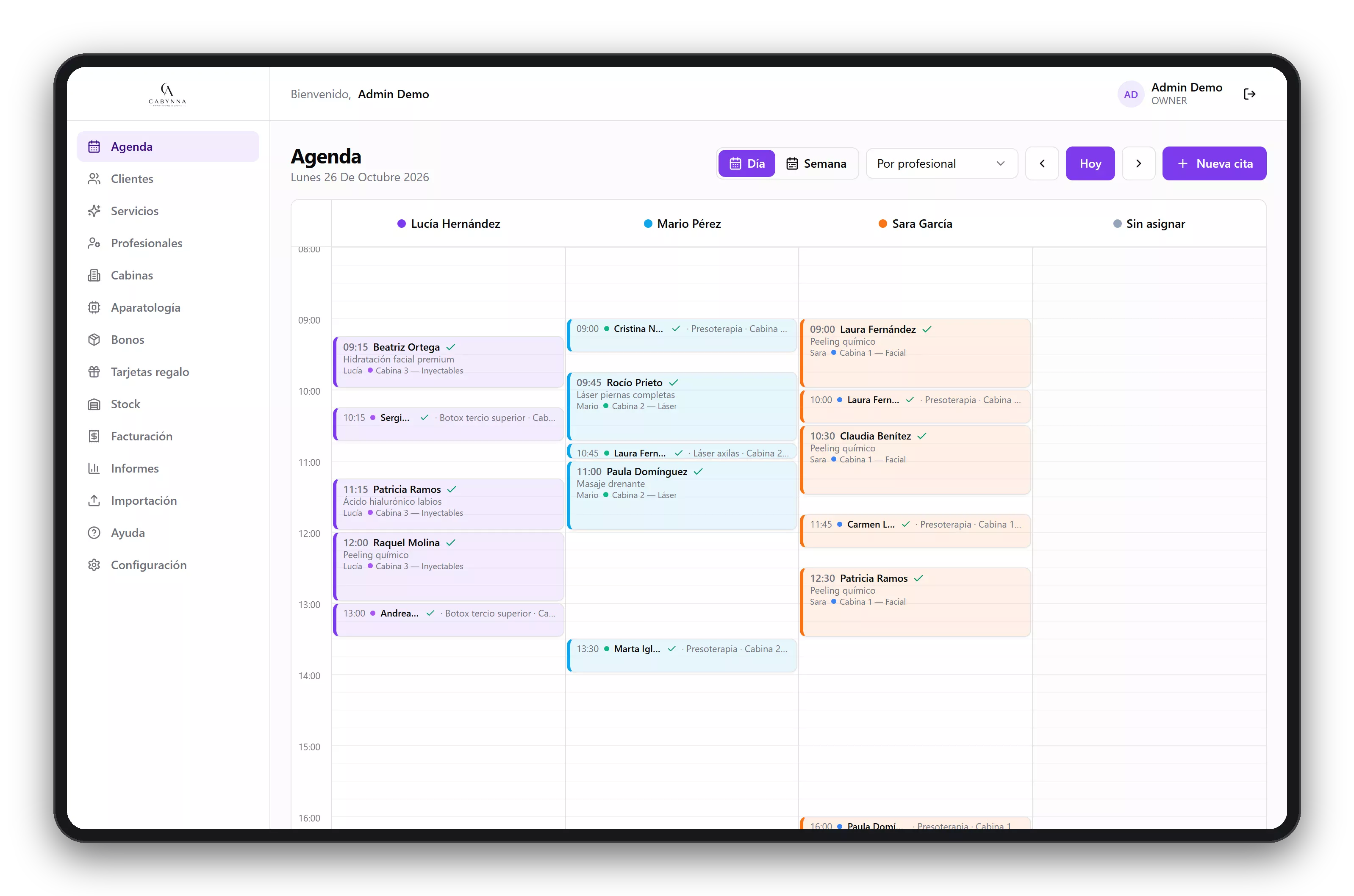 Cabynna: pantalla de agenda con las citas por profesional y cabina
