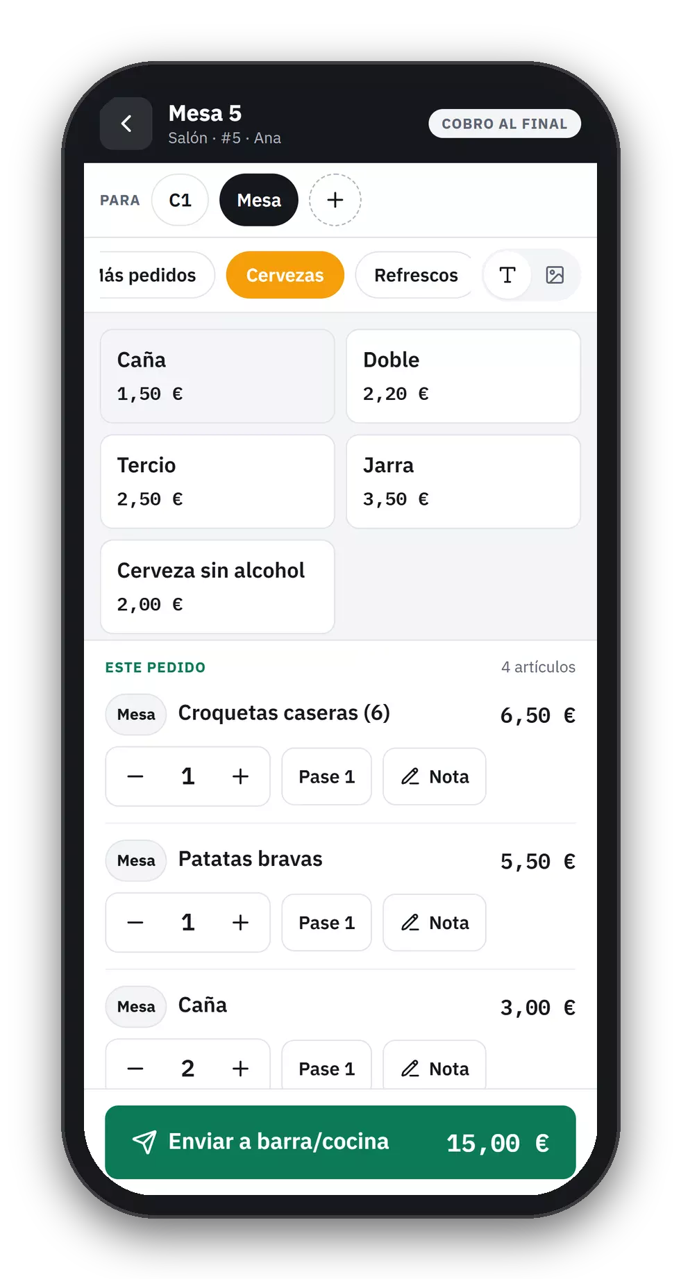 Tickea: Comandero en el móvil con el pedido de la mesa 5 listo para enviar a barra y cocina